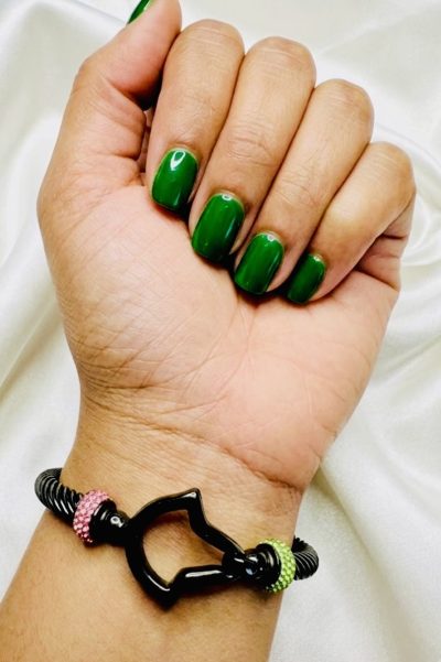 Elegant Ivy Pink and Green Rhinestone Large Cable Bracelet - Black