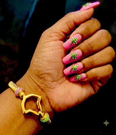 Elegant Ivy Pink and Green Rhinestone Large Cable Bracelet - Gold