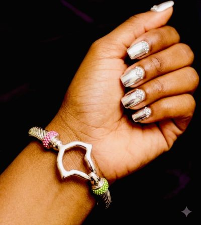 Elegant Ivy Pink and Green Rhinestone Large Cable Bracelet - Silver