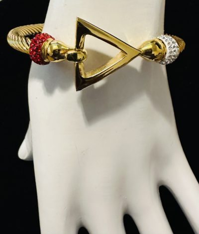 Elegant Gold Red/White Rhinestone Triangle Bracelet