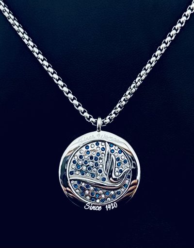 Zeta Silver Dove Medallion Necklace w/Blue and White Rhinestones